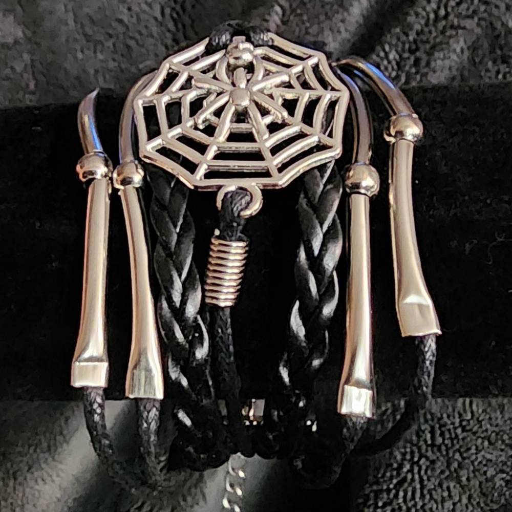 Spiderweb Layered Faux Leather Silver Spider Web Beads Black Adjustable Bracelet - Picture 2 of 6